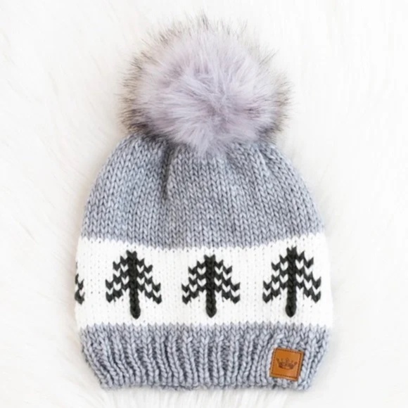 Gray White Green Pine Evergreen Tree Holiday Knit Faux Fur Pom Beanie Winter Hat - Picture 1 of 4